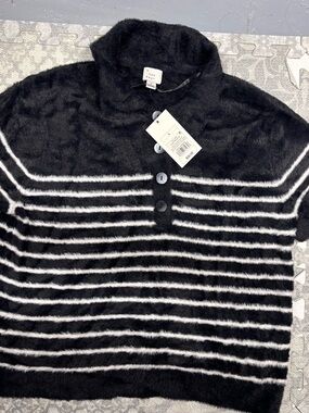 a new day Black Fuzzy Turtleneck Sweater with White Stripes
